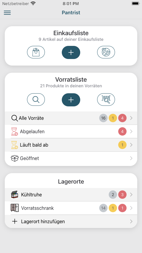 Pantrist App Interface