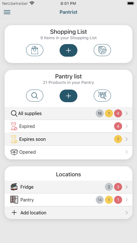 Pantrist App Interface