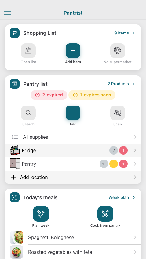 Pantrist App Interface